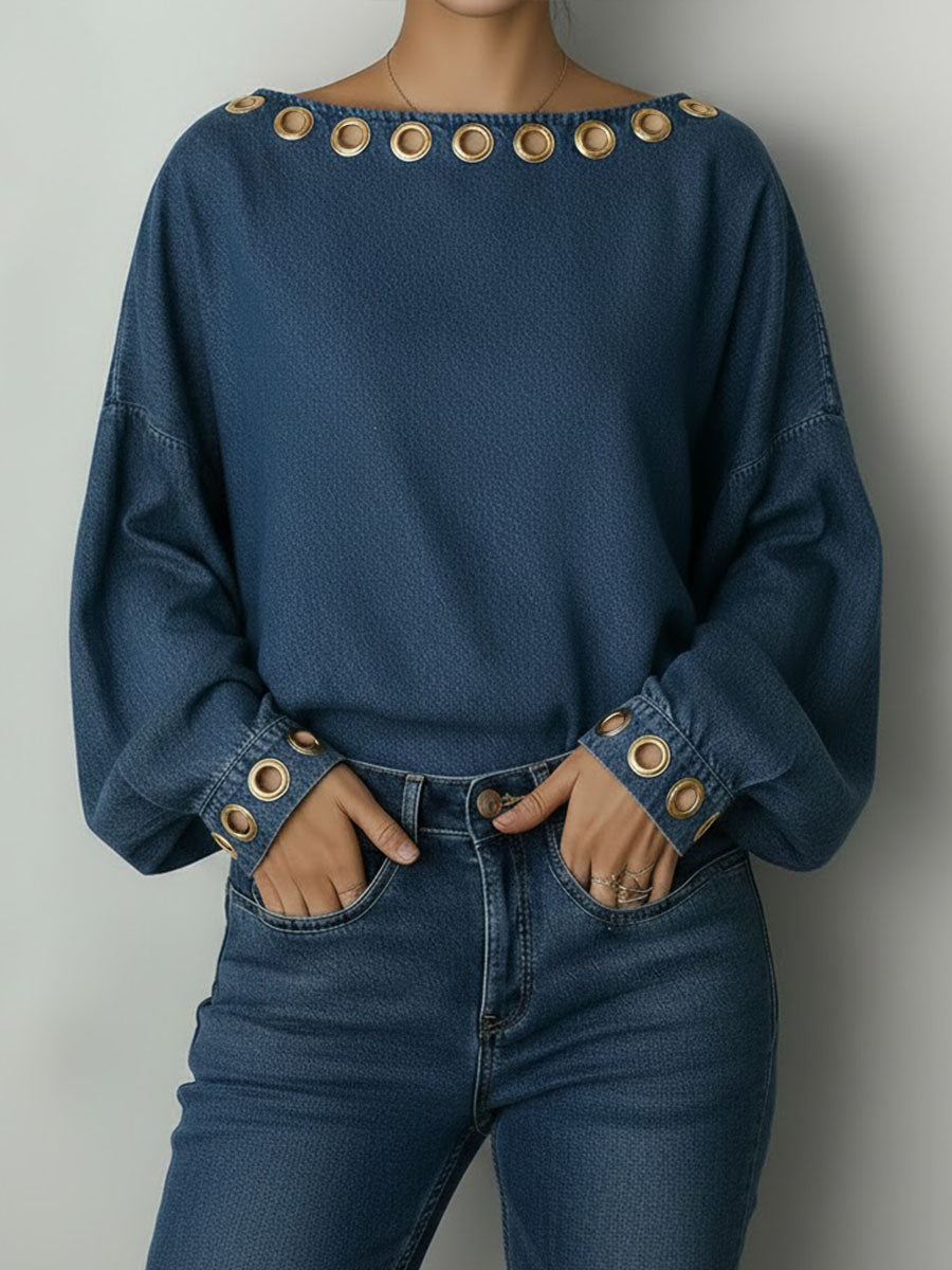 Women's Round Neck Metal Eyelet Cutout Design Casual Loose Long-sleeved Denim Top.