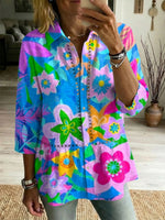 Women's Retro Flower Art Print Casual Lapel Cotton Shirt