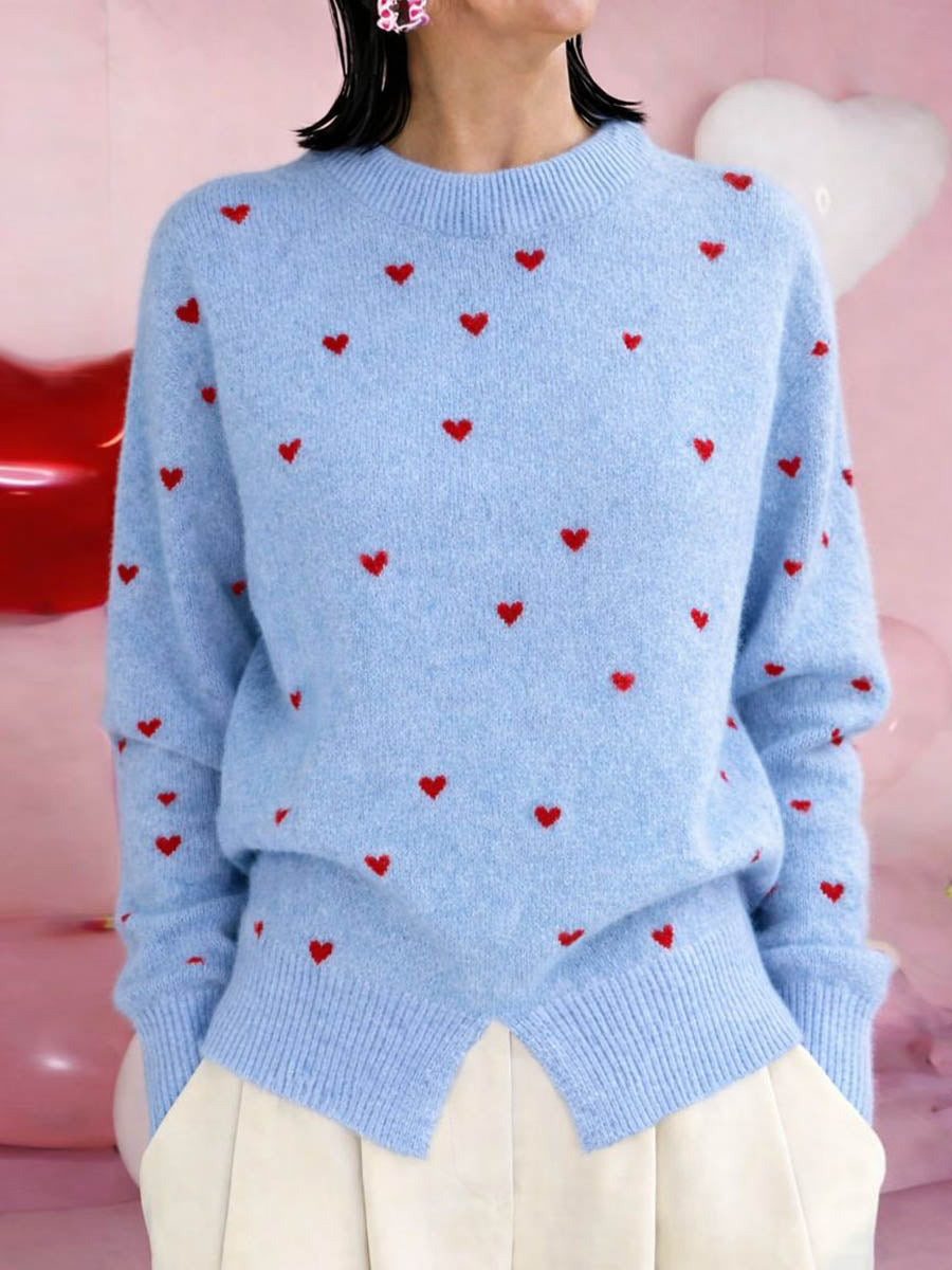 Women's Heart-print Stand-collar Long-sleeved Loose-fitting Casual Knitted Sweater