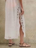 Women White Crinkled V Neck Cap Sleeve Midi Cover Up Dress, Lace Trim Side Split Beach Swimwear Kaftan for Vacation