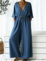 Casual V-neck Loose-fitting Drawstring Waist Denim Jumpsuit
