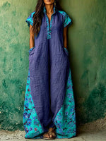 Women's Casual Loose Cotton-linen Dress With V-neck Short Sleeves And Placement Print