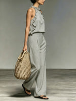 Women's Simple Ruffled Halter Top And Wide-leg Pants Striped Set