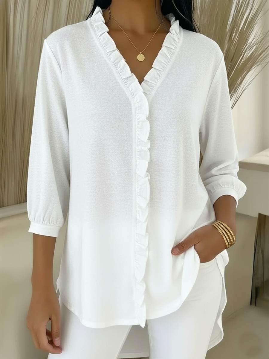 Casual Ruffled V-neck Cotton Top