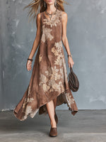 Vintage-style Bohemian Floral Print Sleeveless Linen-cotton Dress