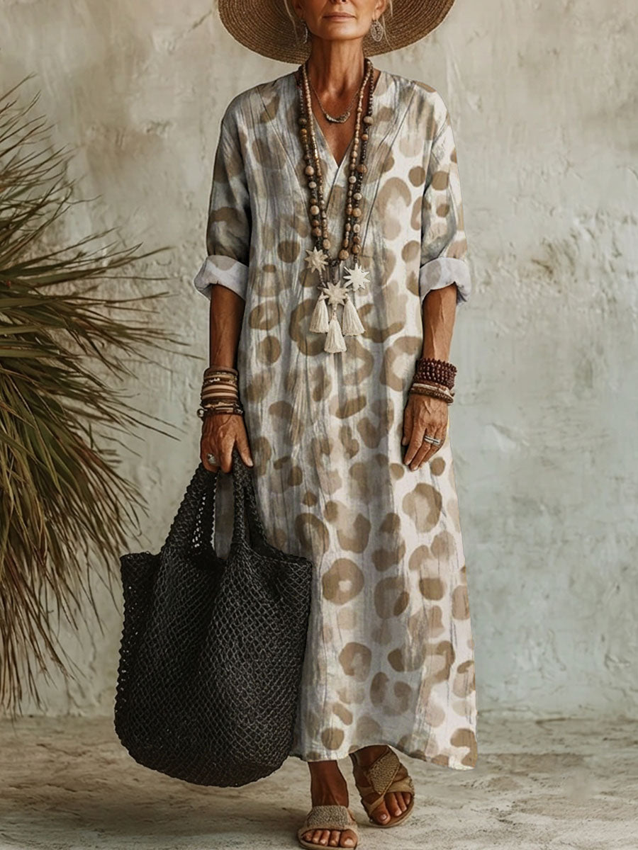 Women's Leopard Print Casual Cotton-linen Maxi Dress