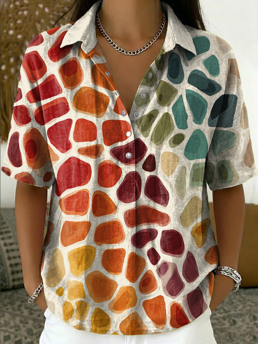 Retro Ethnic-style Colorful Speckled Print Short-sleeve Shirt With Turn-down Collar