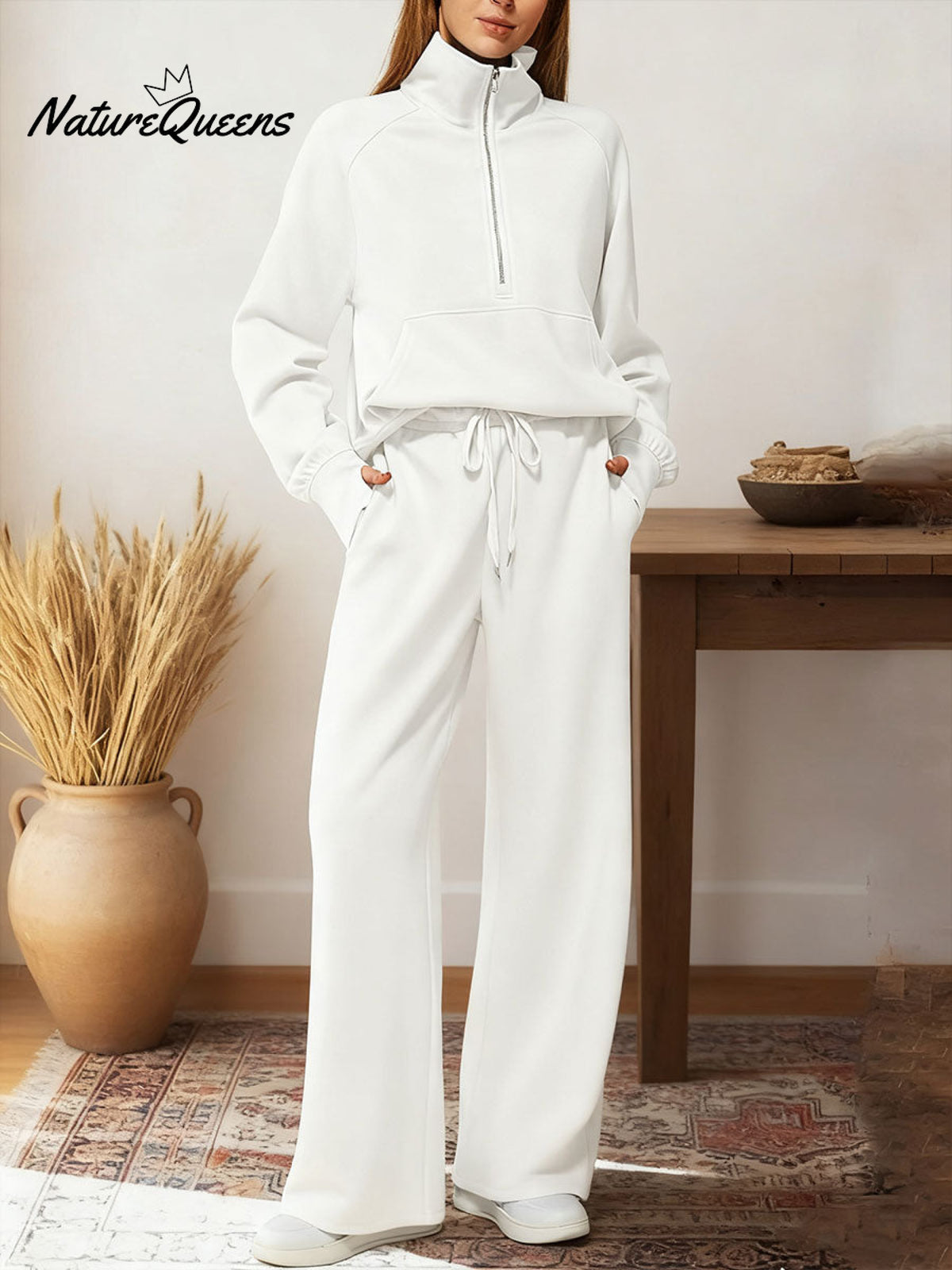 Women's Two-piece Set Half-zip Sweatshirt Wide-leg Pants Casual Suit.