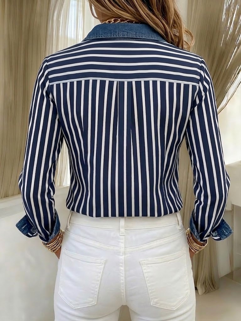 Casual Striped-panel Denim Long-sleeve Shirt