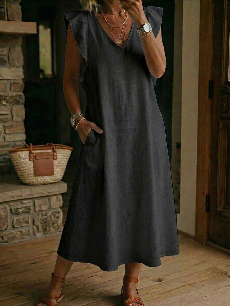 Women's Cotton-linen Back Straps And Flutter Sleeves Dress