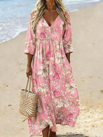 Women's Flower Pattern Print Casual V-neck Cotton-linen Dress