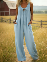 Cozy Pleated Drawstring Cotton Jumpsuit