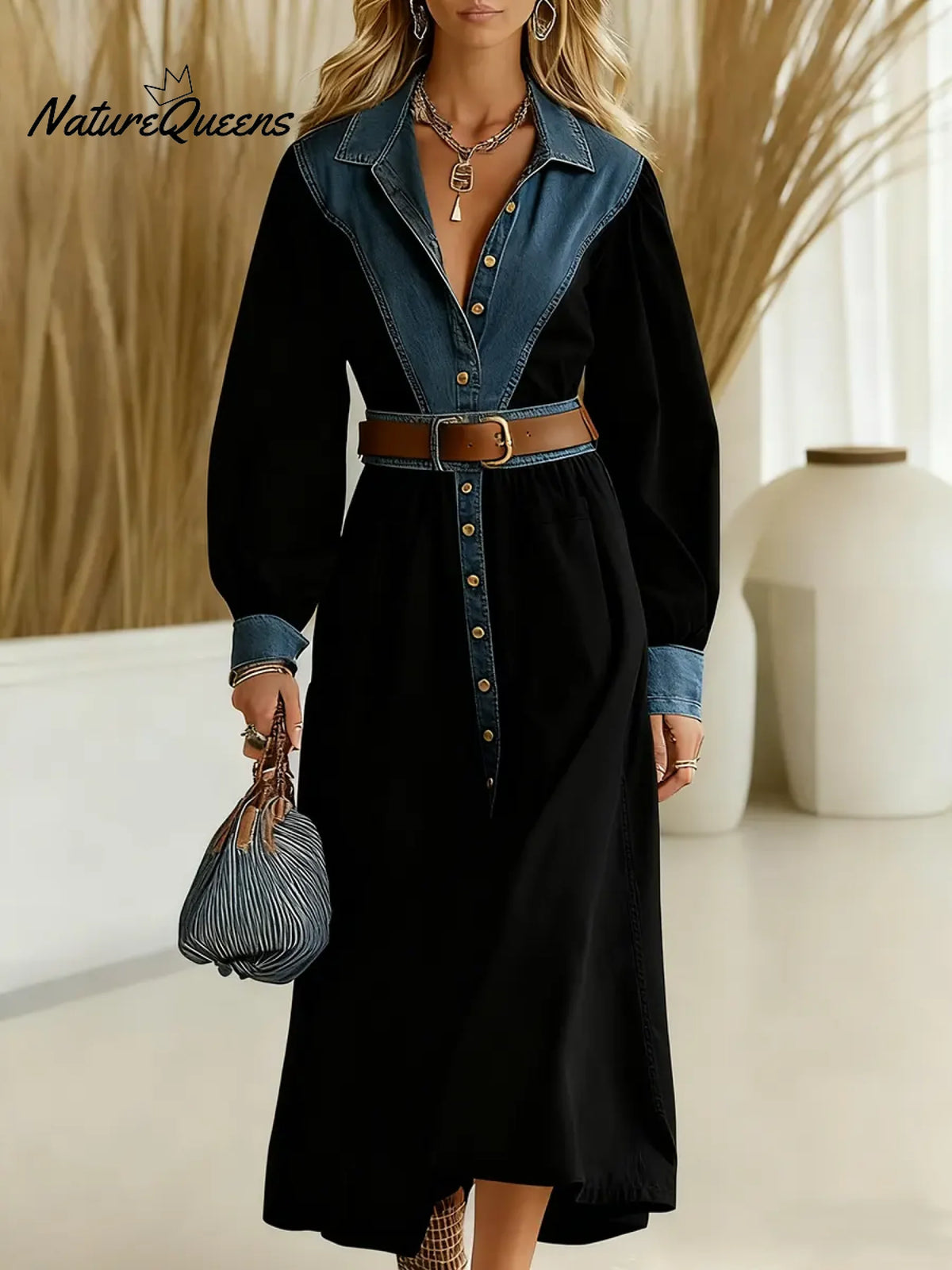 Women's Denim Solid Color Patchwork Shirt Collar Long Sleeve Casual Loose Shirt Dress