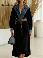 Women's Denim Solid Color Patchwork Shirt Collar Long Sleeve Casual Loose Shirt Dress
