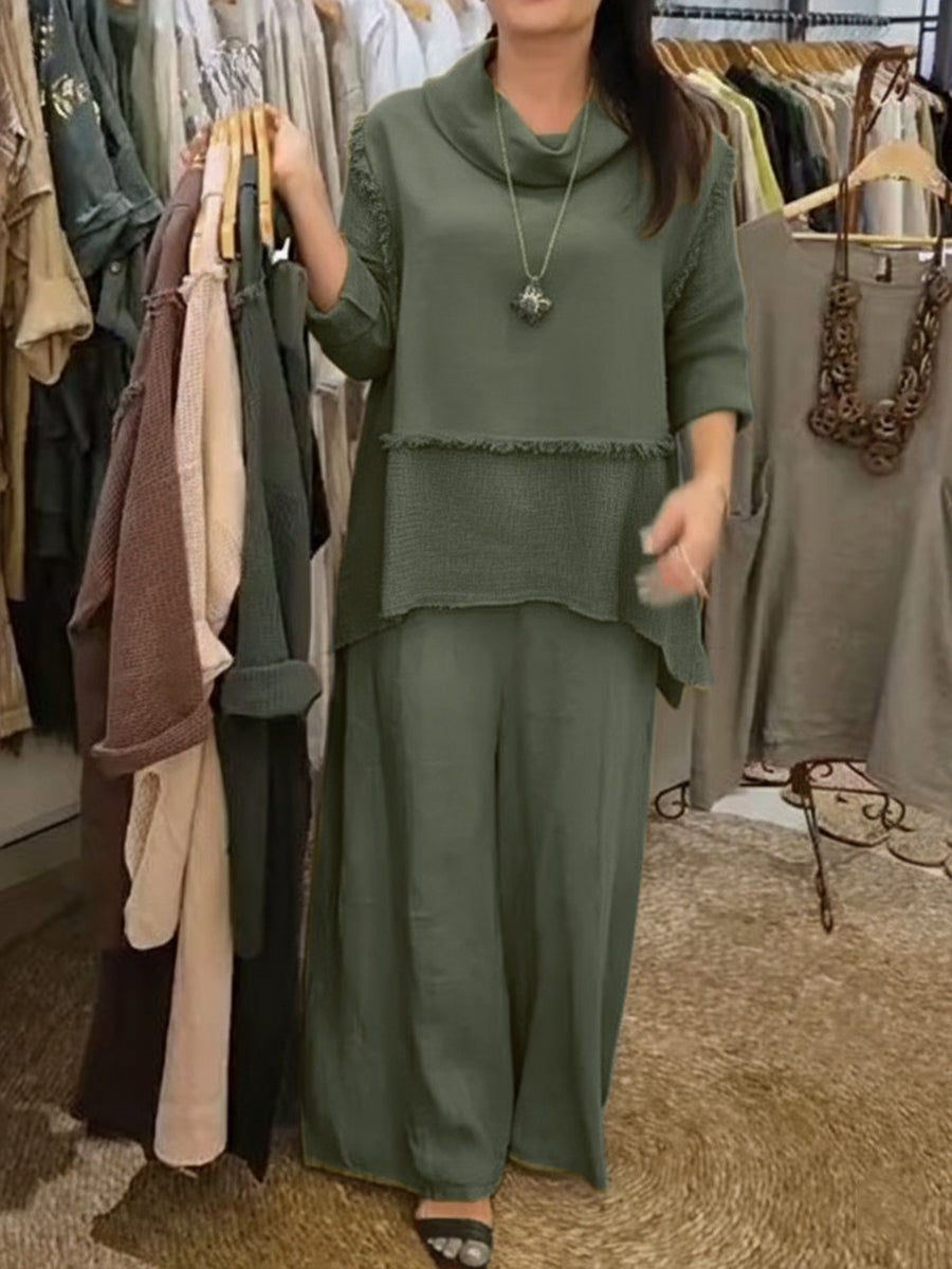 Casual Linen And Cotton Top And Pants Two-piece Set