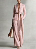 Women's Stand Collar Long Sleeve Casual Loose Top High Waist Casual Loose Wide Leg Pants Cotton Linen Set