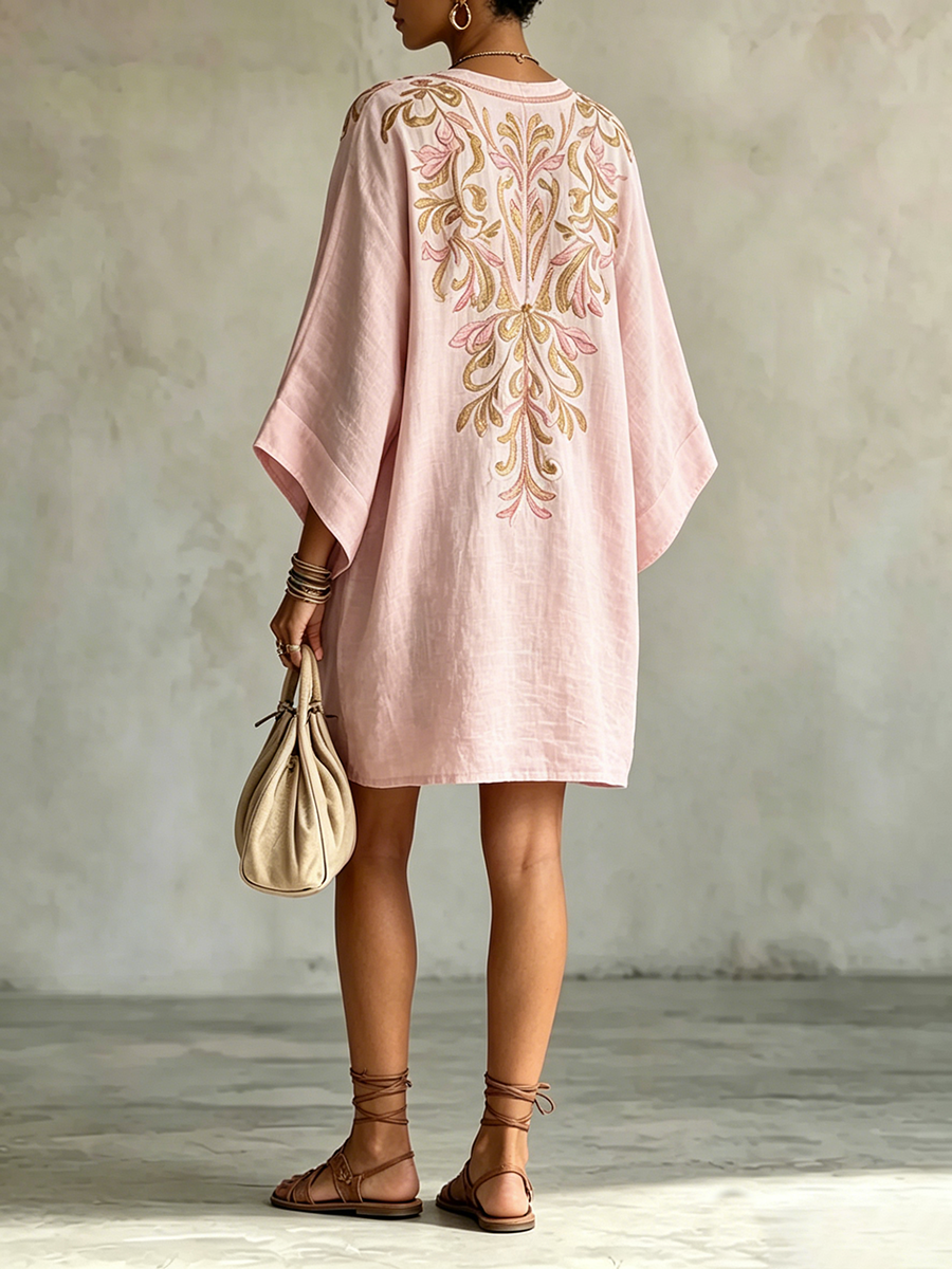 Dreamy Retro Floral Print V-neck Cotton-linen Dress