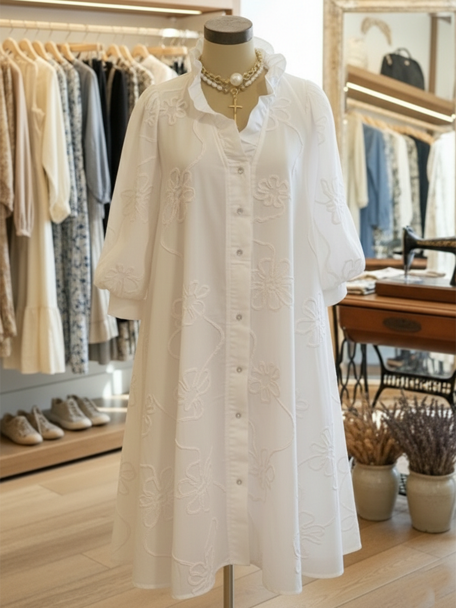 Casual Romantic Ruffled Collar Denim Shirt Dress