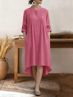 Women's Solid Color Stand-collar Long-sleeved Casual Loose Cotton And Linen Shirt Dress