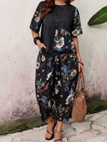 Women's Casual Denim Print Set: Crew Neck Short-sleeve Loose-fit Top & High-waisted Wide-leg Pants