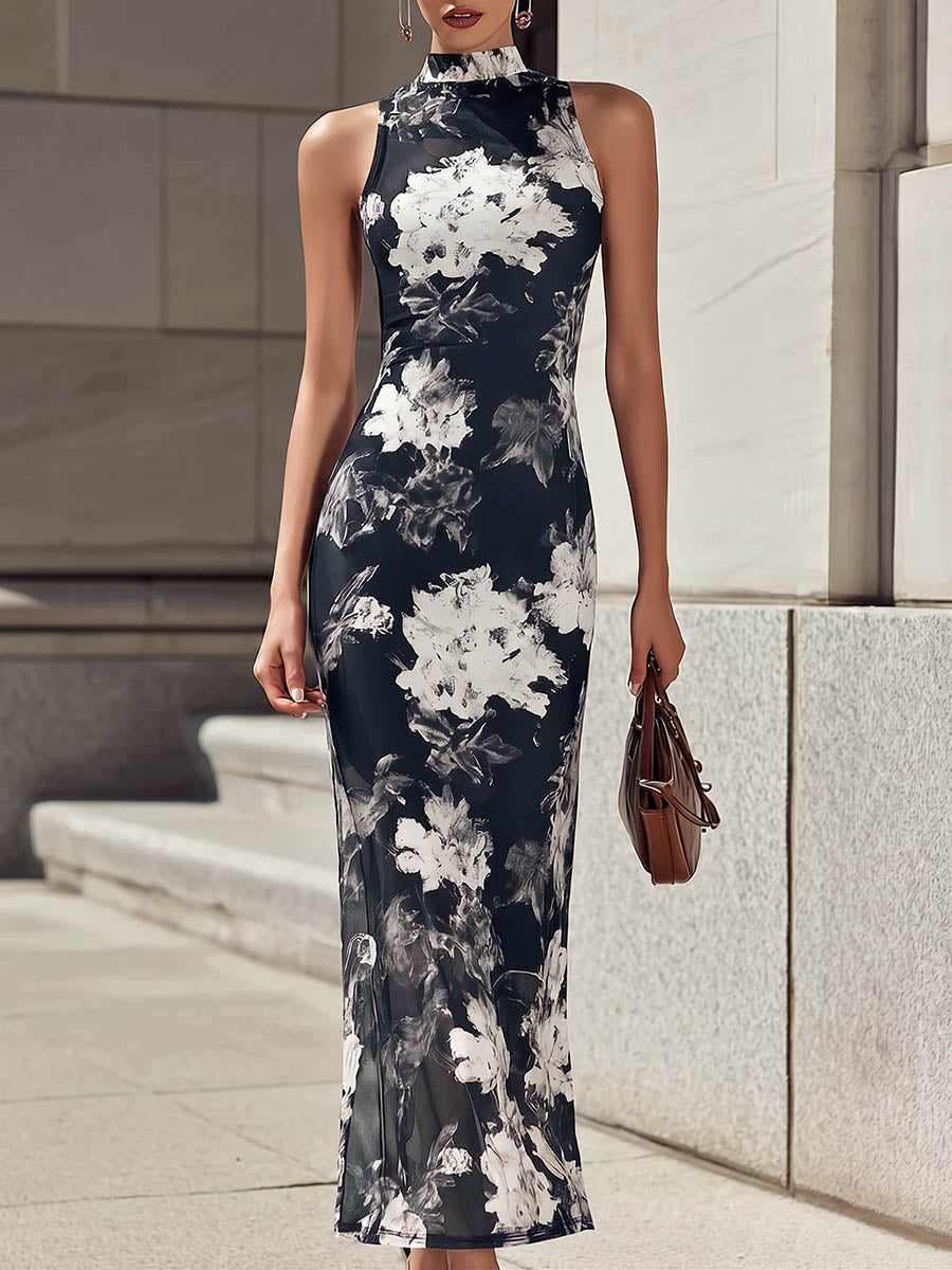 Women's Vintage-print Stand-collar Sleeveless Loose-fit Mesh Casual Dress