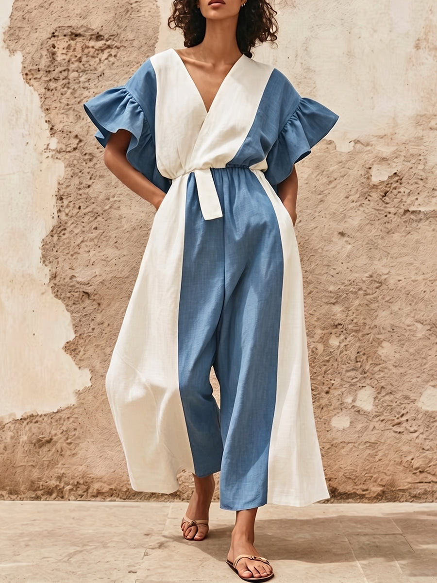 Elegant Ruffled Color-block Cotton-linen Wide-leg Jumpsuit