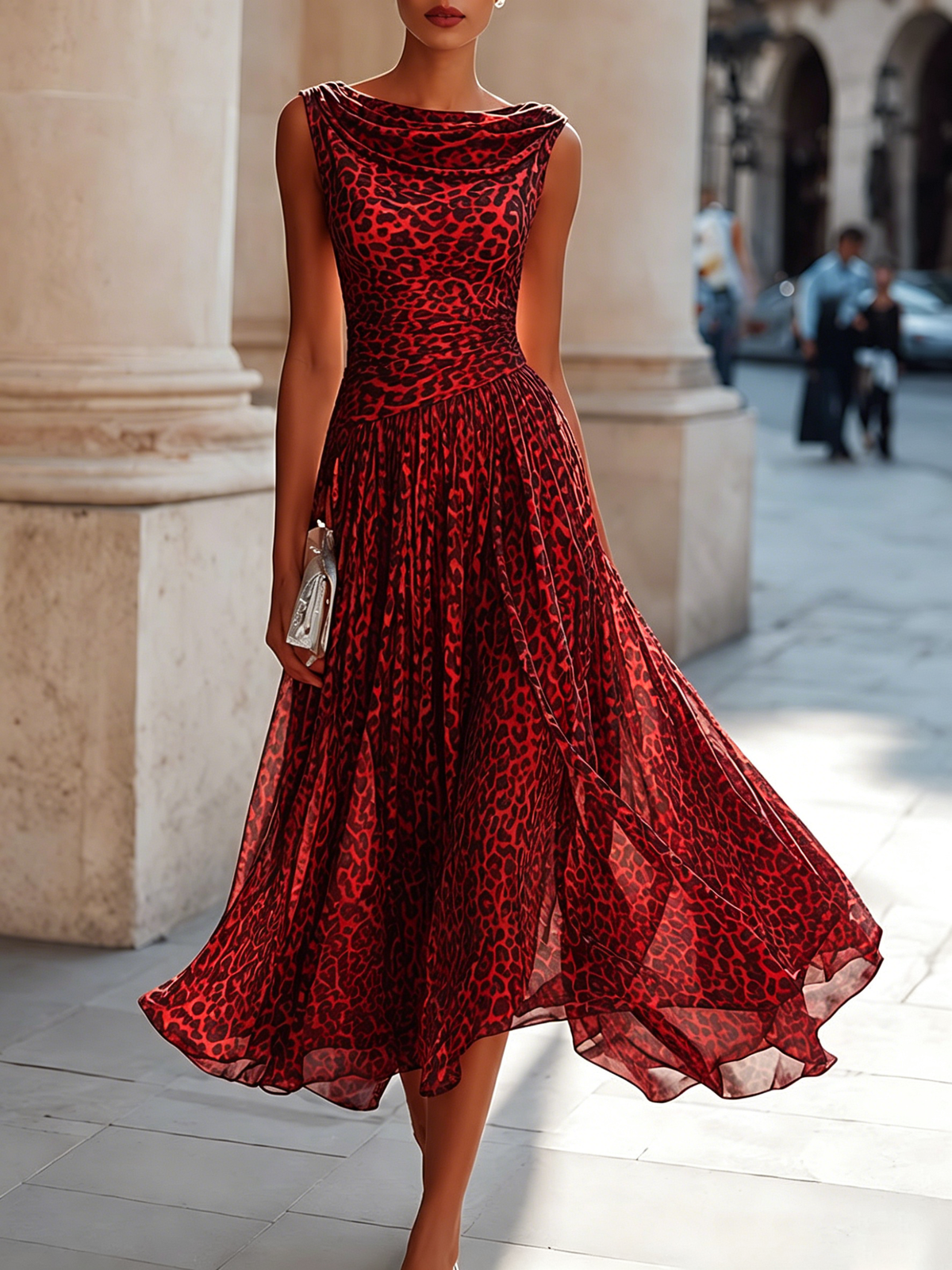 Leopard Print Draped Cowl Neck Sleeveless Pleated Midi Dress