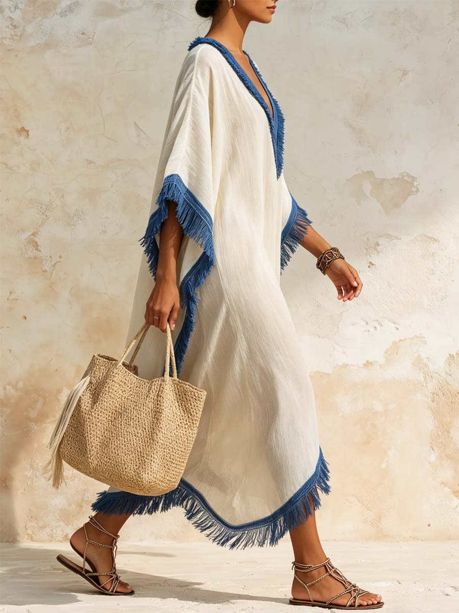 Women's Breathable Fringed Trim Art Casual Stylish Comfortable Cotton Linen Dress
