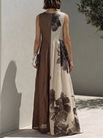 Women's Vintage-print Patchwork V-neck Sleeveless Loose-fit Cotton-linen Casual Dress