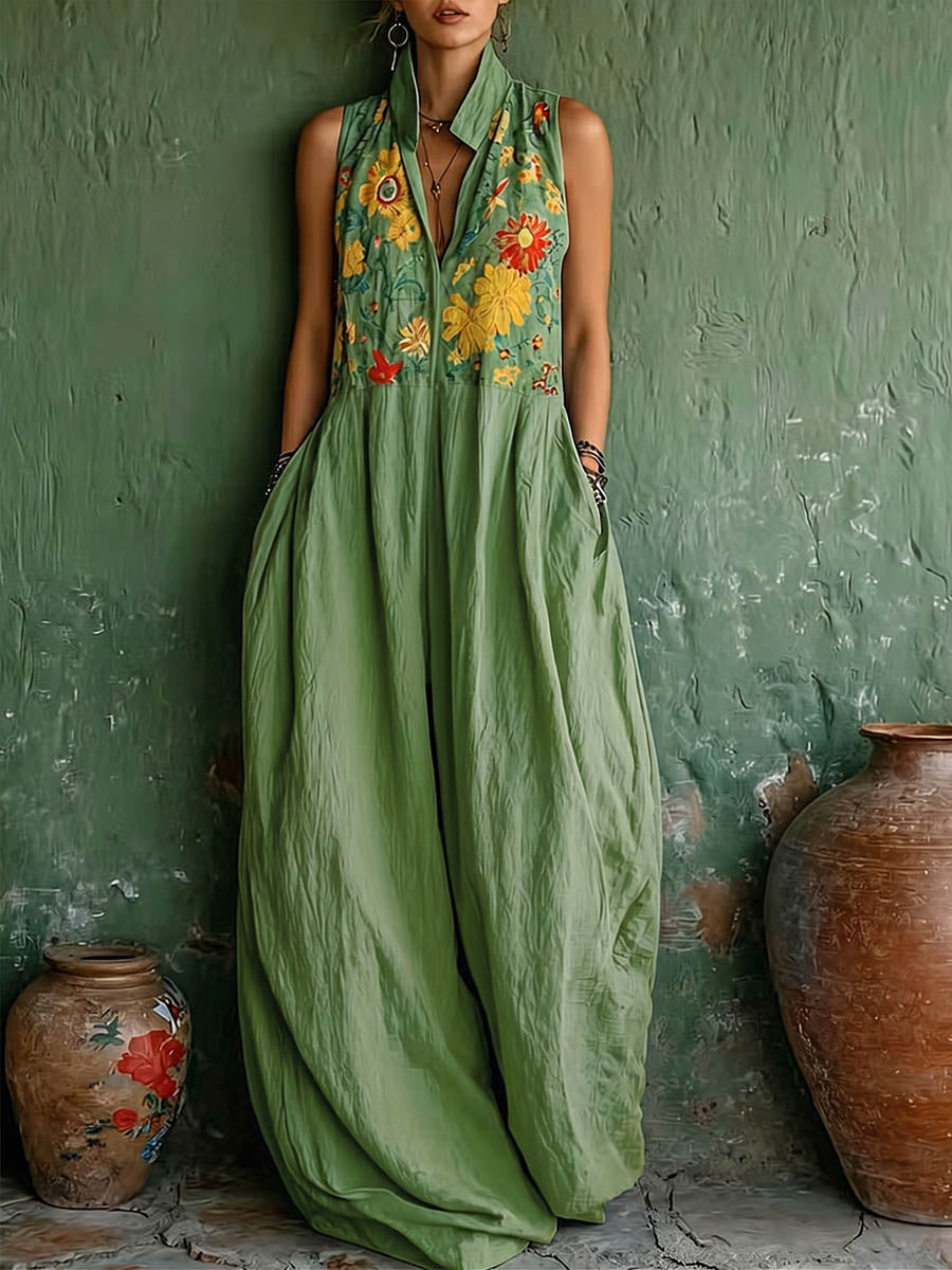 Women's Casual Loose Cotton-linen Dress — V-neck Sleeveless With Placement Print