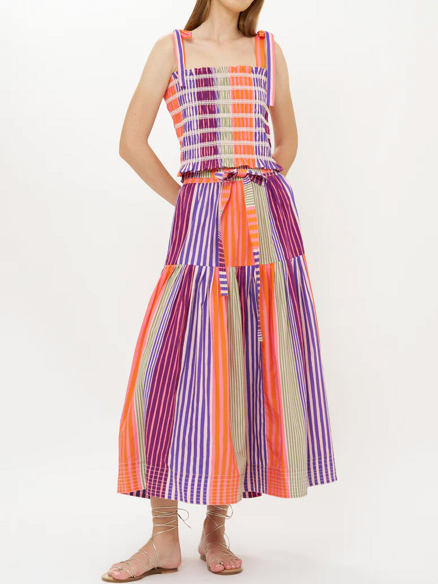 Women's Striped Color Block Art Stylish Casual Top And Skirt Cotton Linen Two-piece Set