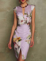 Women's Vintage-print V-neck Short-sleeve Casual Slim-fit Bodycon Dress