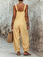 Striped Square-Neck Cotton-Linen Jumpsuit with Spaghetti Straps