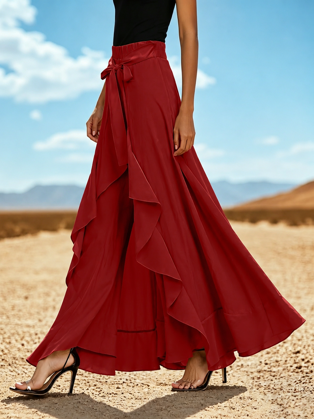 Elastic Waist Front Slit Ruffle Flowy Culottes