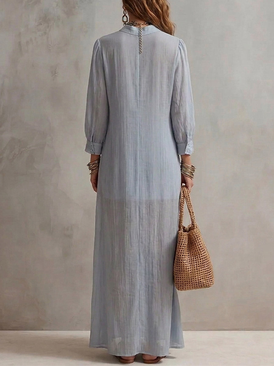 Women's Solid-Color Collared Long-Sleeve Casual Loose Cotton-Linen Dress with Ruffles