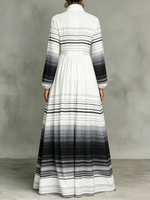 Classic Abstract Gradient-line Dress — Featuring A Turn-down Collar, Cinched Waist, And Flared Skirt