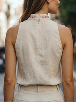 Minimalist Classic-collar Printed Sleeveless Linen-cotton Shirt