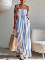 Cozy Vacation Blue Striped Strappy Maxi Dress