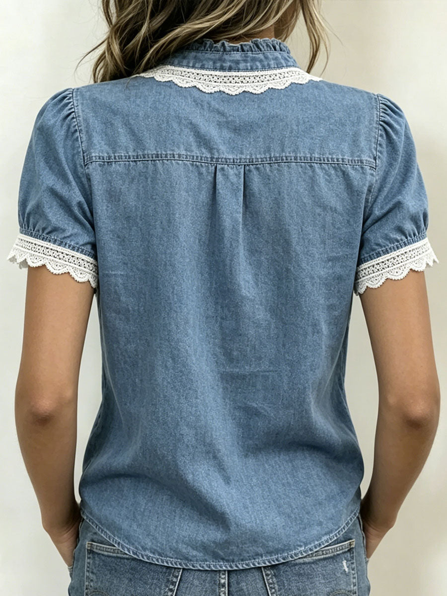 Women's Lace-paneled Stand-collar Short-sleeve Top