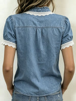 Women's Lace-paneled Stand-collar Short-sleeve Top