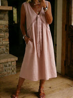 Casual Loose-fitting Patchwork Lace Trim Linen And Cotton Sleeveless Dress