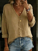 Women's Cotton Linen Loose Solid Color Long-sleeved Shirt