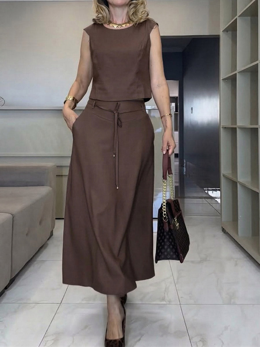 Women's Solid-color Cotton-linen Set: Round-neck Sleeveless Loose-fit Top & High-waisted Loose-fit Skirt