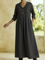 Casual V-neck Pleated Button-down Denim Dress