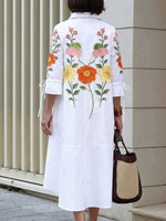 Women's Casual Loose Cotton-linen Dress With Shirt Collar 3/4 Sleeves And Placement Print