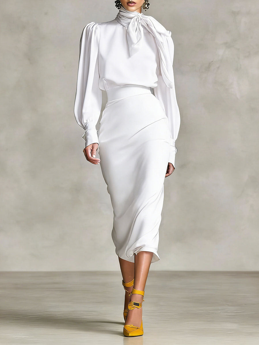 Women's Retro-style Tie-waist Long-sleeved Stand Collar Comfortable Minimalist Dress