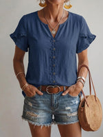 Floral-embroidered V-neck Casual Shirt With Ruffled Short Sleeves