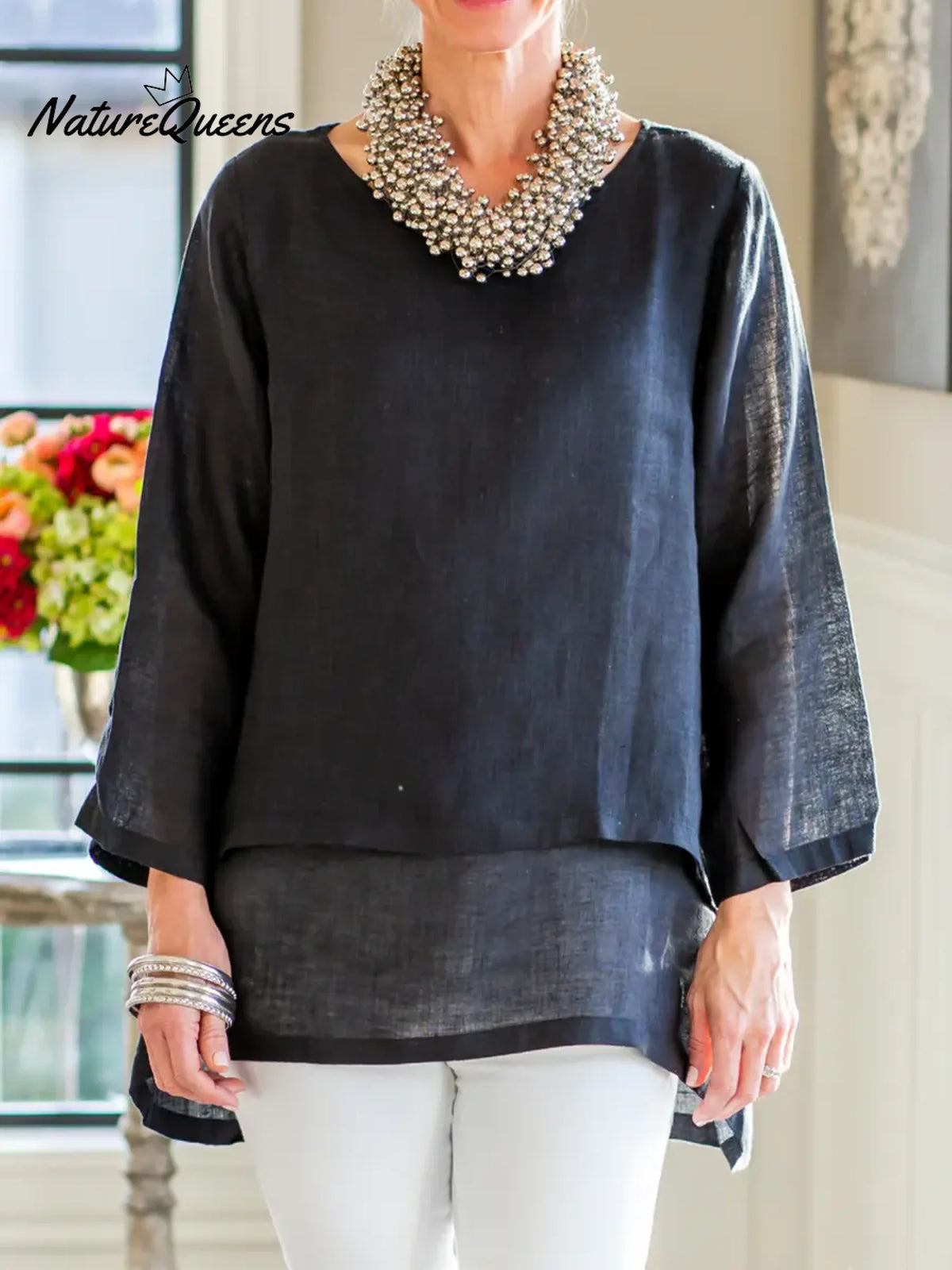 Women's Solid Color Round Neck Long-sleeved Casual Loose Cotton And Linen Patchwork Top