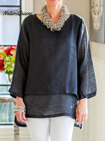 Women's Solid Color Round Neck Long-sleeved Casual Loose Cotton And Linen Patchwork Top