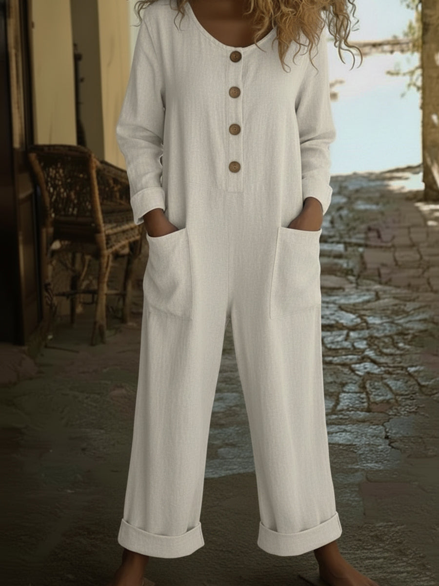 Cozy Round-neck Button-up Linen Jumpsuit